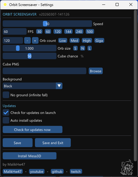 Orbit Screensaver — settings panel